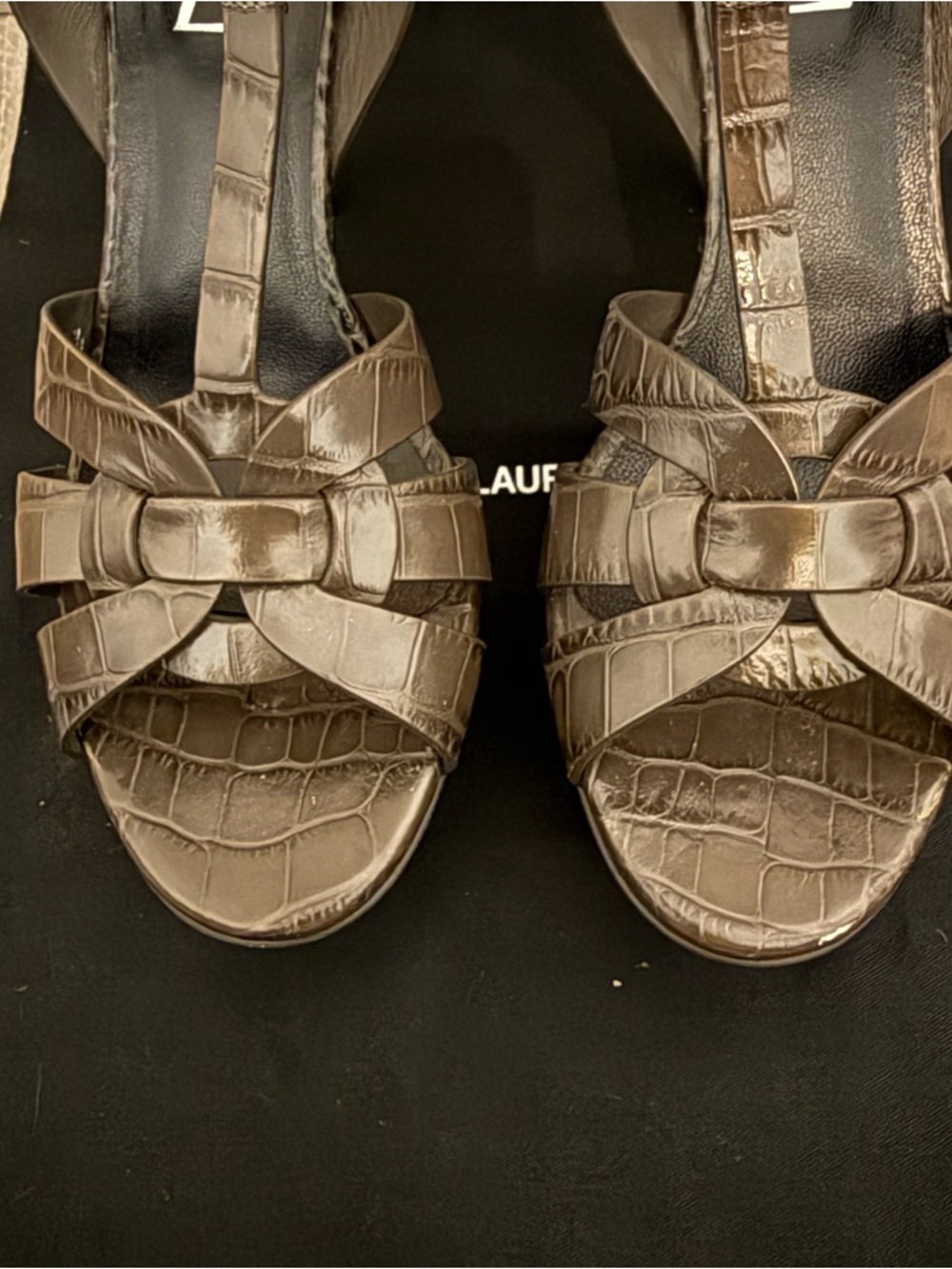Saint Laurent Brown Taupe  Croc-Embossed Tribute Sandals 38.5 - Picture 2 of 11